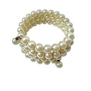 Handmade White Faux Pearl Beaded Memory Wire Bracelet